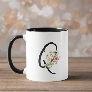 Stylish Floral Letter Q Black Typography Script Mug