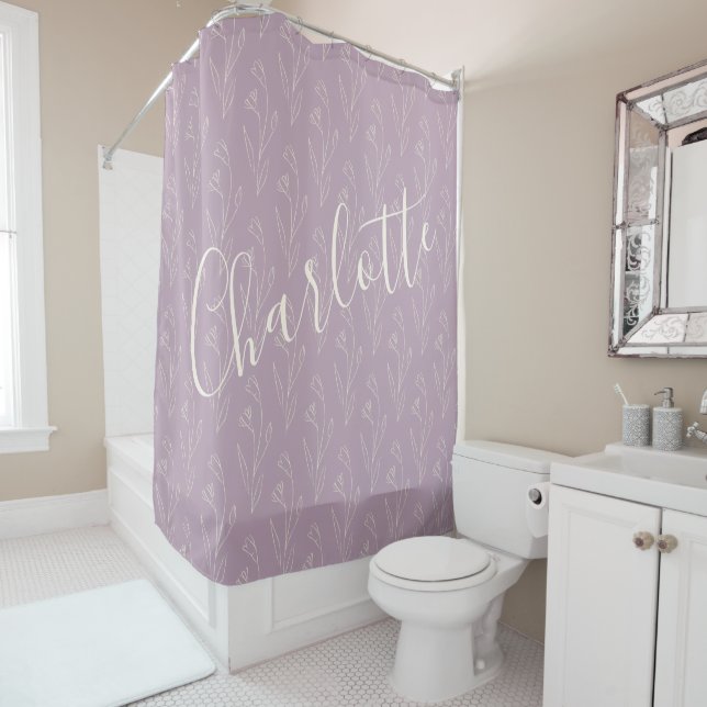Stylish Floral Line Art Personalised Dusty Lilac   Shower Curtain (In Situ)