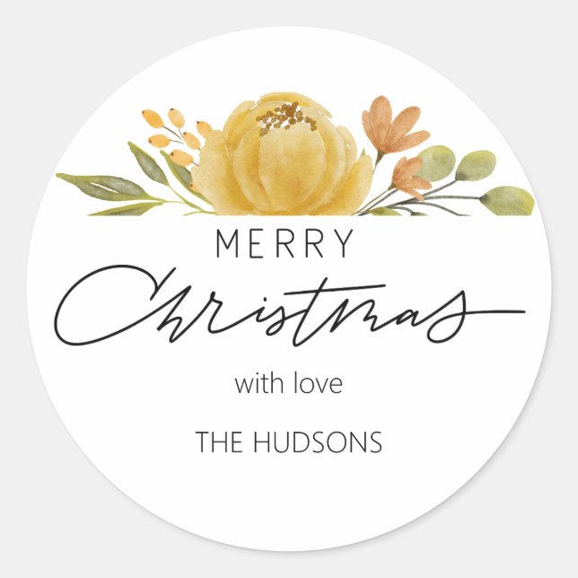Stylish Floral Merry Christmas Gift Classic Round Sticker (Front)