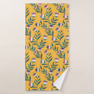 Stylish Floral Motif with Dots and Green Leaves Bath Towel Set