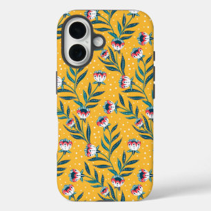 Stylish Floral Motif with Dots and Green Leaves iPhone 16 Case