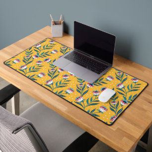 Stylish Floral Motif with Dots and Green Leaves Desk Mat