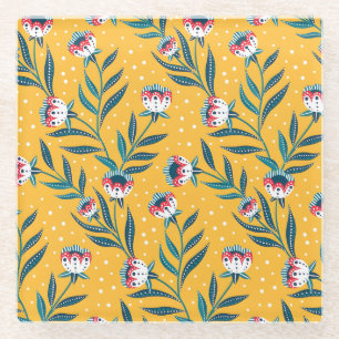 Stylish Floral Motif with Dots and Green Leaves Glass Coaster