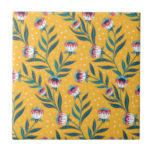 Stylish Floral Motif with Dots and Green Leaves Tile