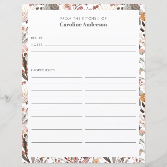 Stylish Floral Neutrals Pretty Border Recipe Page (Front)