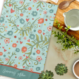 Stylish Floral Pattern Modern Customised Name Tea Towel