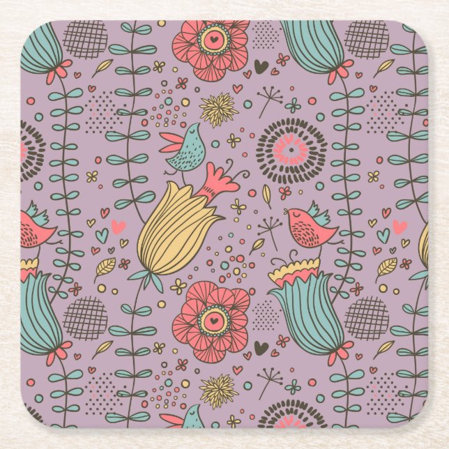 Stylish floral pattern with flowers square paper coaster (Front)
