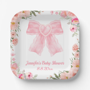 stylish floral pink bow girl baby shower paper plate