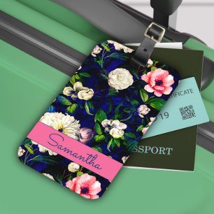Stylish floral pink flowers blue monogram pattern luggage tag