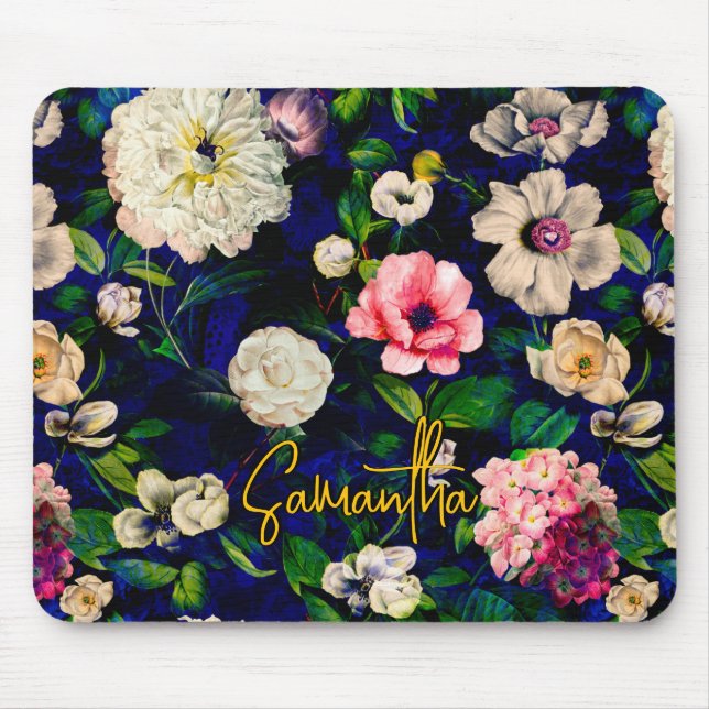 Stylish floral pink flowers blue monogram pattern mouse mat (Front)