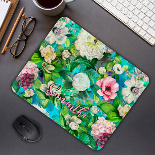 Stylish floral pink flowers blue monogram pattern mouse mat