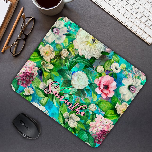 Stylish floral pink flowers blue monogram pattern mouse mat (Creator Uploaded)