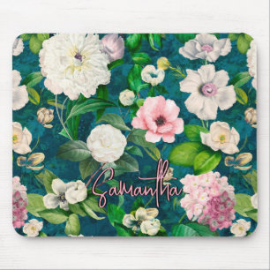 Stylish floral pink flowers green monogram pattern mouse mat
