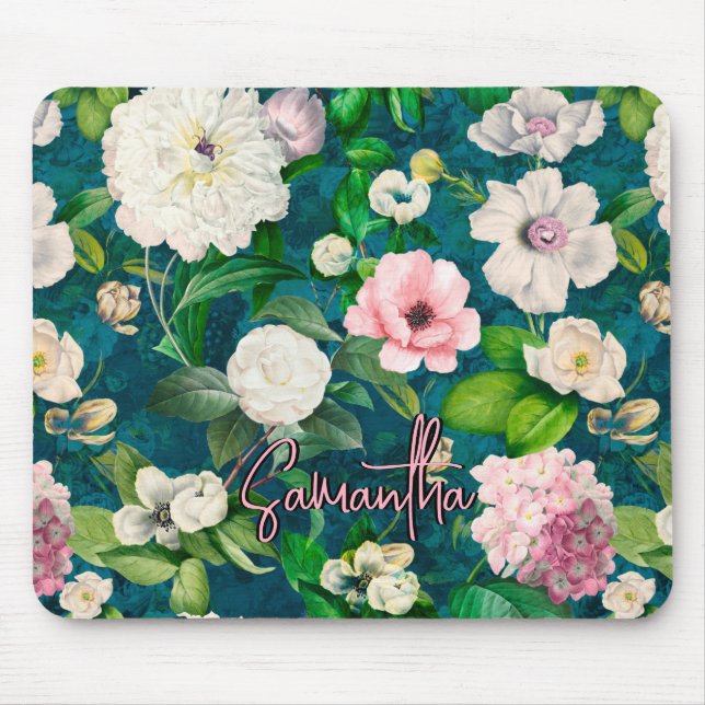 Stylish floral pink flowers green monogram pattern mouse mat (Front)