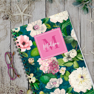 Stylish floral pink flowers green monogram pattern notebook