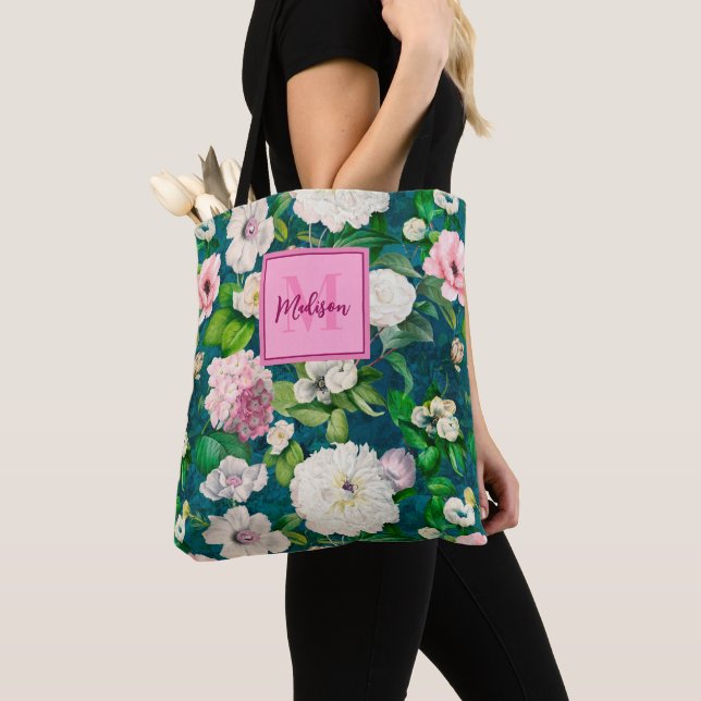 Stylish floral pink flowers green monogram pattern tote bag (Close Up)