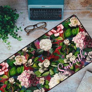 Stylish floral pink flowers red monogram pattern desk mat