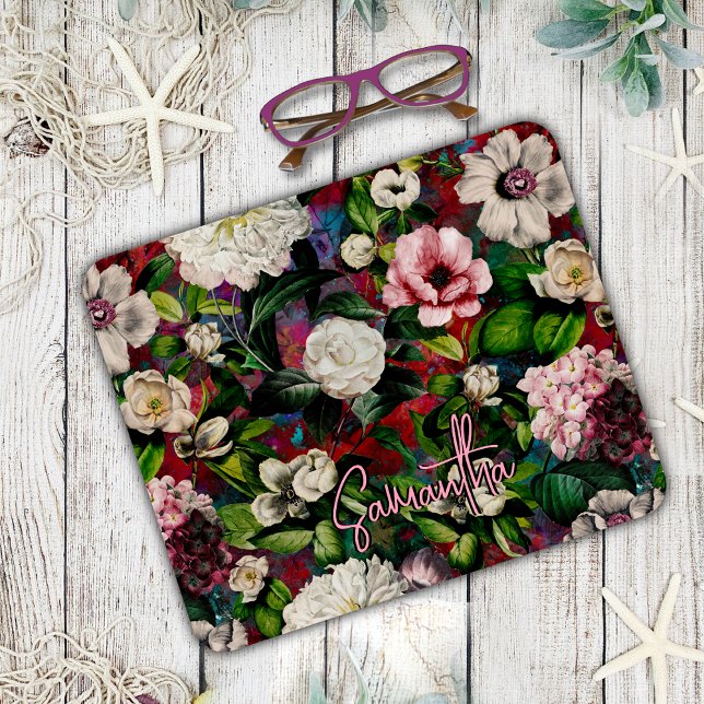 Stylish floral pink flowers red monogram pattern mouse mat (Creator Uploaded)