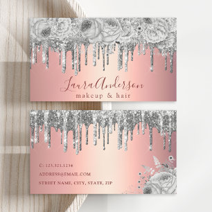 Stylish floral silver glitter drips makeup & hair business card