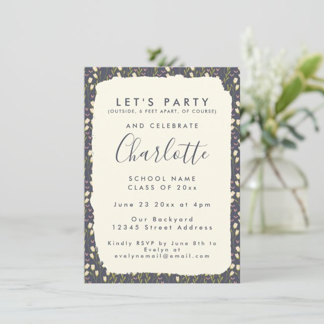 Stylish Floral Simple Custom Graduation Party Invitation (Standing Front)