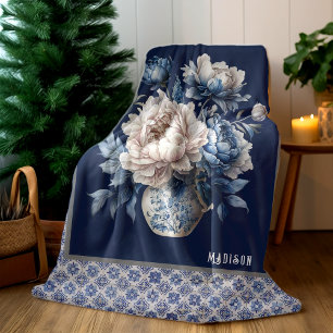Stylish floral vase Blue chinoiserie monogram Fleece Blanket