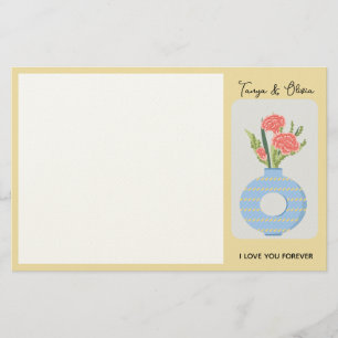 Stylish floral vase design with pink carnations stationery