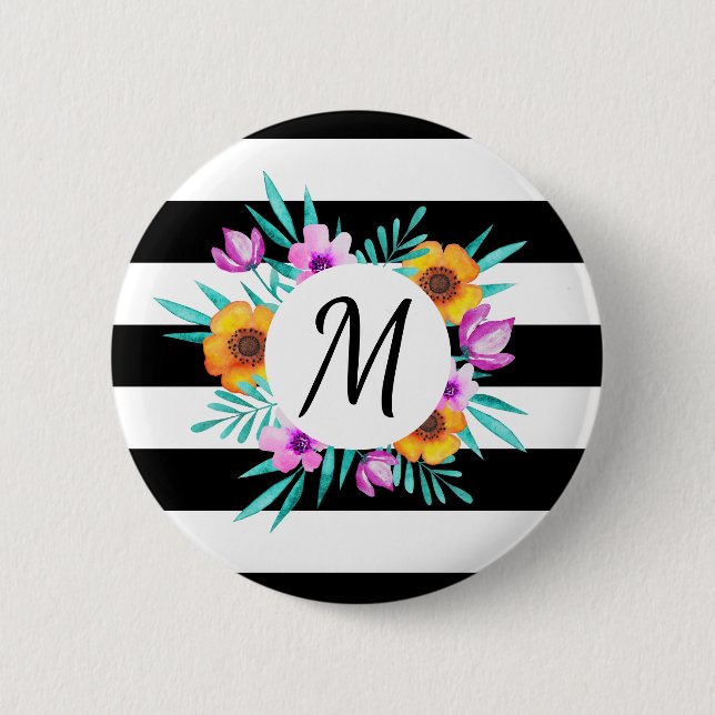 Stylish Floral Wreath Black Stripes Monogram 6 Cm Round Badge (Front)
