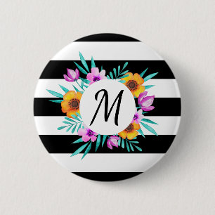 Stylish Floral Wreath Black Stripes Monogram 6 Cm Round Badge