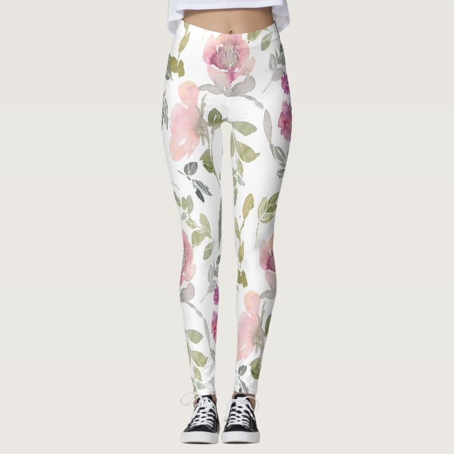 Stylish Floral Yoga Pants, High-Waisted Botanical  Leggings (Front)