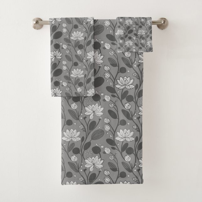 Stylish Flower Pattern on Silver Grey Bath Towel Set (Insitu)