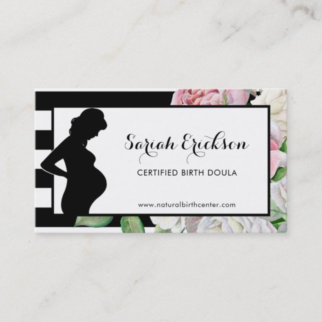 Stylish Flowers and Stripes Maternity Birth Doula Business Card (Front)
