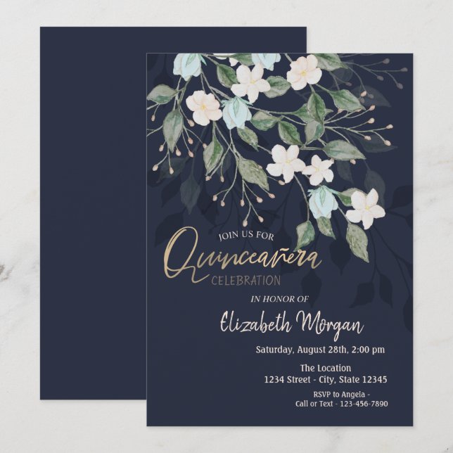 Stylish Flowers Navy Blue Quinceañera  Invitation (Front/Back)