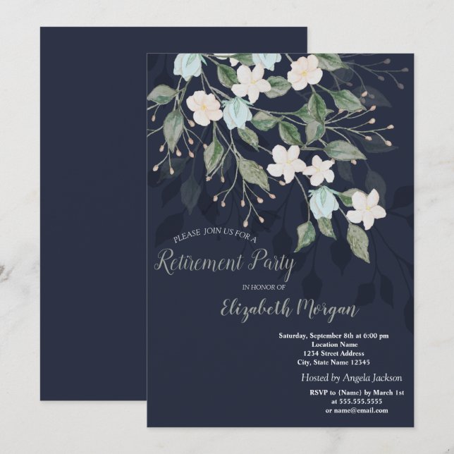 Stylish Flowers Navy Blue Retirement  Invitation (Front/Back)