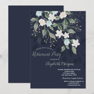 Stylish Flowers Navy Blue Retirement  Invitation
