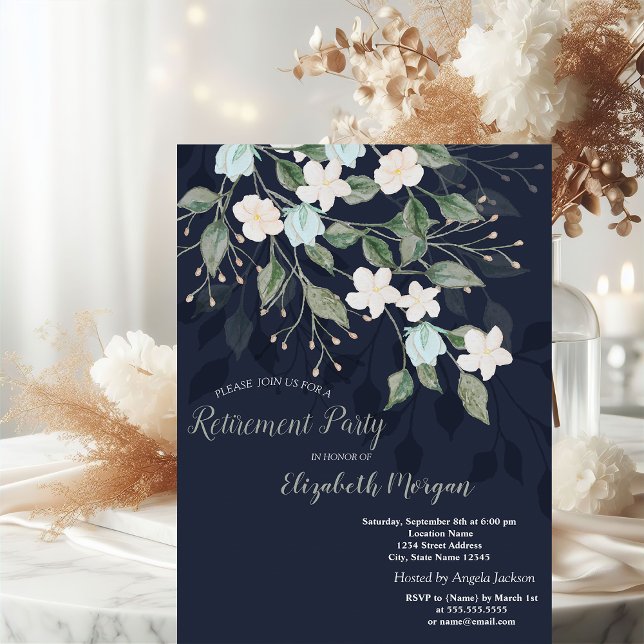Stylish Flowers Navy Blue Retirement  Invitation (Creator Uploaded)