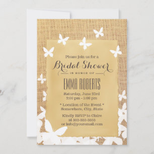 Stylish Flying Butterflies Burlap Bridal Shower Invitation