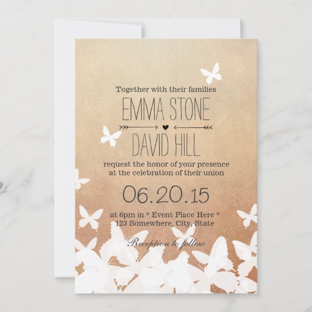 Stylish Flying Butterflies Neutral Wedding Invitation (Front)