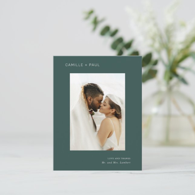 Stylish Forest Green Photo Minimalist Wedding Thank You Card (Standing Front)