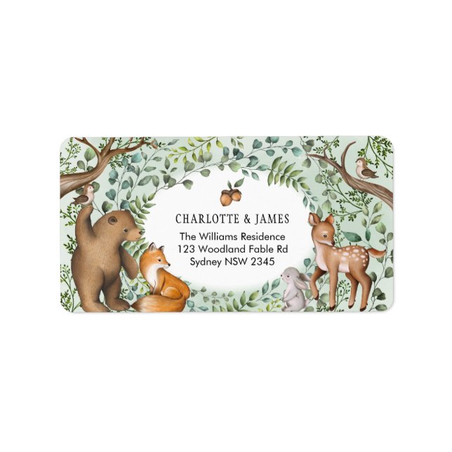 Stylish Forest Woodland Baby Animals Greenery Label (Front)