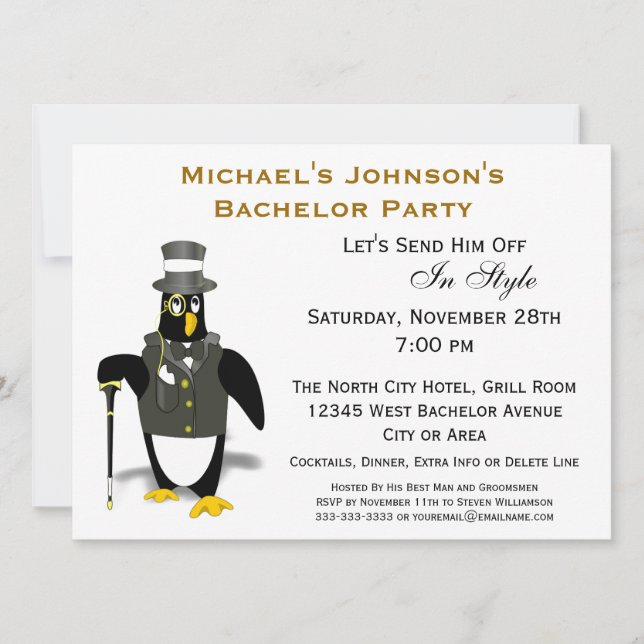 Stylish Formal Tuxedo Penguin Bachelor Party Invitation (Front)