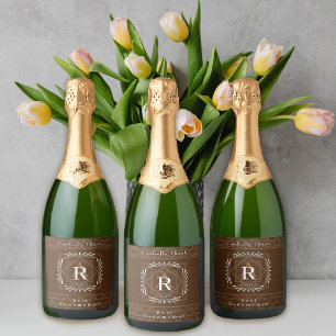 Stylish Frame Brown Monogram  Sparkling Wine Label