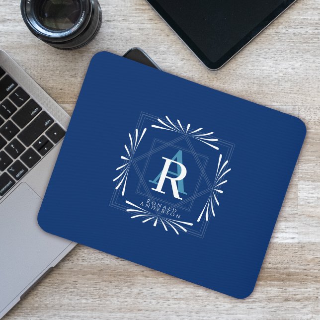 Stylish Frame Navy Monogram Mouse Mat (Modern Stylish Design. Suitable as a gift for male friends or family member.)