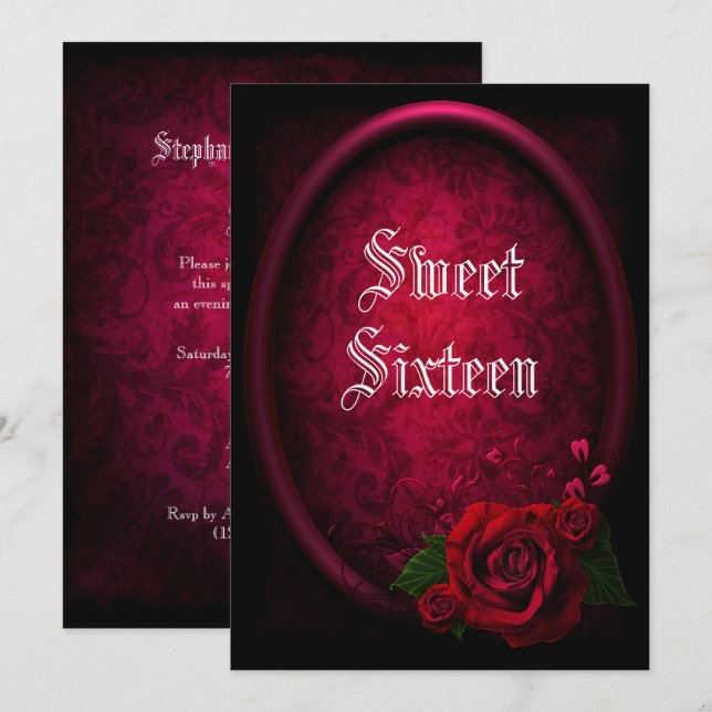 Stylish Framed Gothic Blood Rose Sweet Sixteen Invitation (Front/Back)