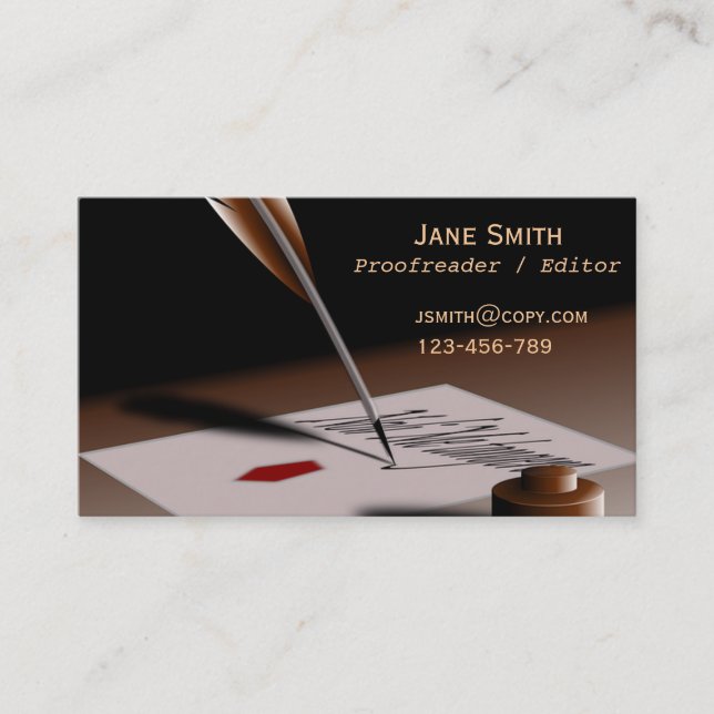 Stylish freelance Proofreader with vintage quill Business Card (Front)