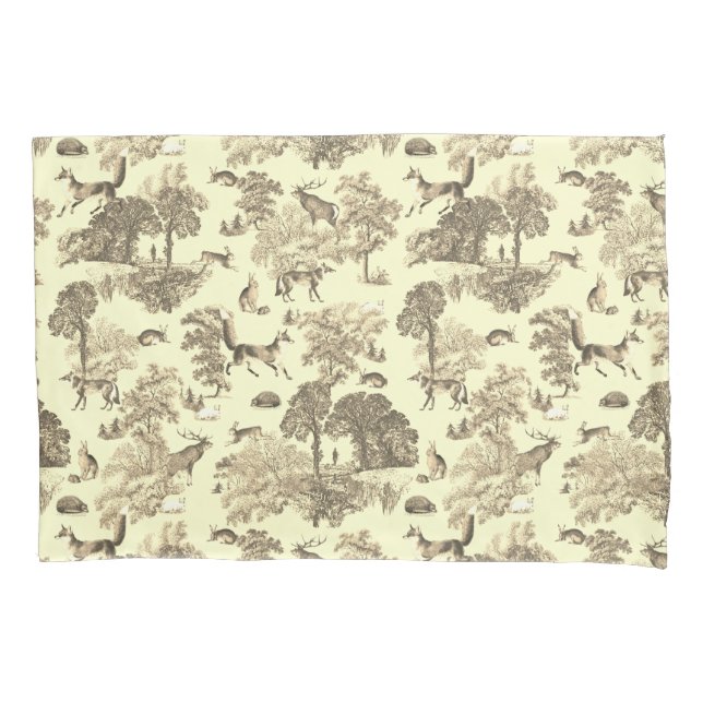 Stylish French Toile Fox Animal Woodland Beige Pillowcase (Front)