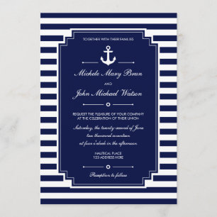 Stylish Fresh Nautical Blue White Wedding Invite