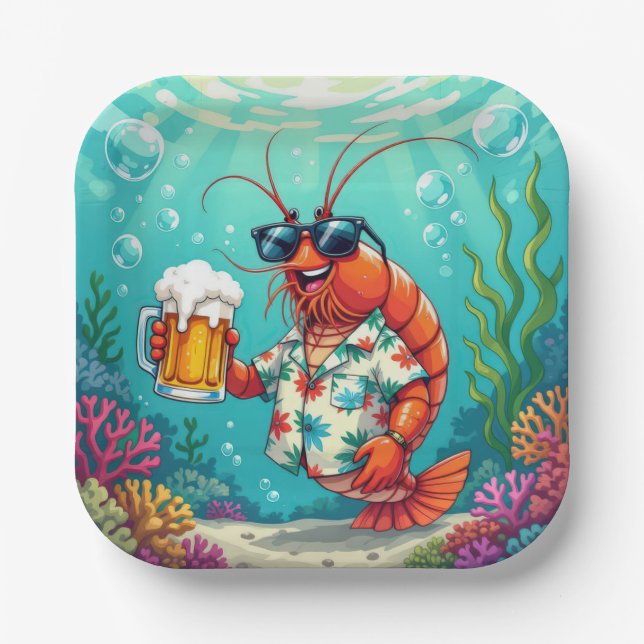 Stylish Fun Shrimp With a Glass of Beer Paper Plate (Front)