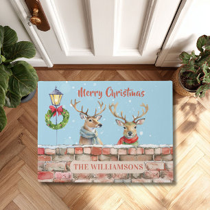 Stylish Fun Watercolor Christmas Reindeer Name Doormat