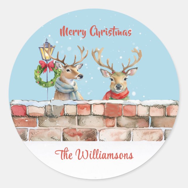 Stylish Funky Quirky Watercolor Reindeer Christmas Classic Round Sticker (Front)