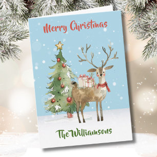 Stylish Funky Quirky Watercolor Reindeer Tree Card